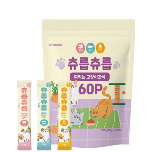 츄릅츄릅 짜먹는 츄르 고양이간식 60스틱 혼합팩 헤어볼케어, 연어+치킨+참치, 15g, 60개