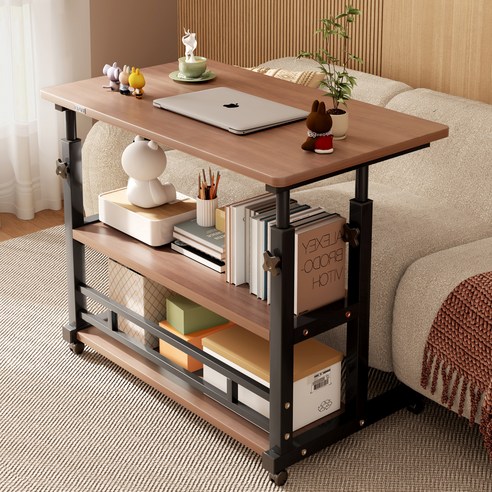 큐에이큐 만능 높이조절 3단 이동식 사이드 테이블 1인용 침대 쇼파 보조 책상, 월넛