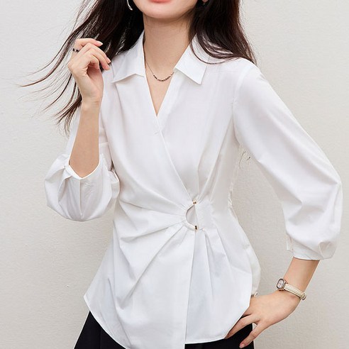 [루씨앤] 디렉 정장 마담 카라 정장 빅사이즈 긴팔 슬림 랩 여성 셔츠 블라우스 3952