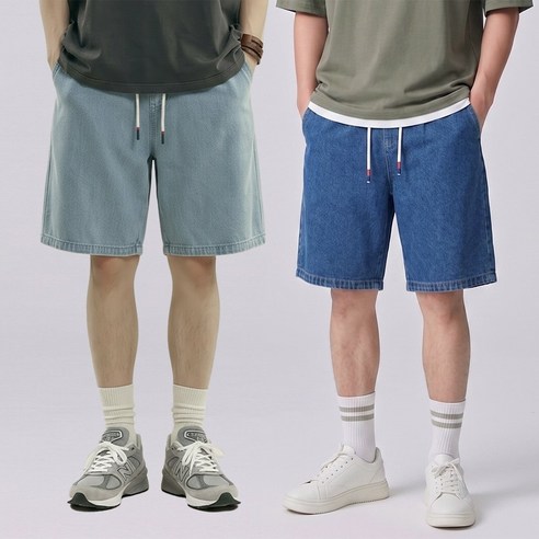 1+1 탑노치 남성 와이드 밴딩 버뮤다 5부 청 반바지