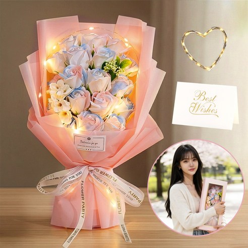 LED 장미꽃 18송이 영구보존 꽃다발 선물세트 기프트박스 카드포함 졸업 기념일 추천, 1개, 핑크