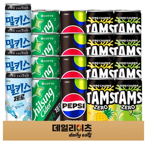 칠성음료 제로 탄산음료 소캔 5종류 20캔 믹스세트 (펩시제로 사이다제로 밀키스제로 탐스제로 파인애플 탐스제로 사과) (210~250ml), 210ml, 1세트
