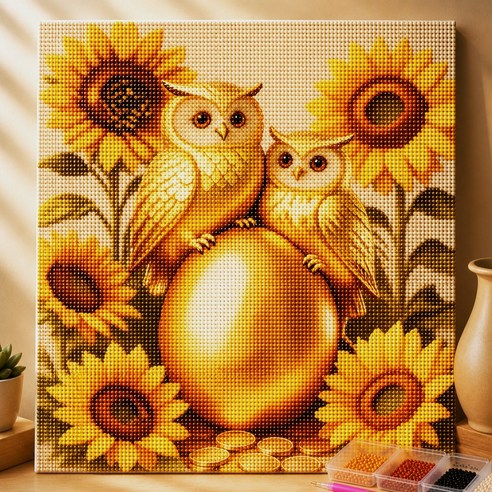 보석십자수 액자형 DIY 세트 40x50cm 해바라기 부엉이 인테리어 그림 취미 만들기 집들이 선물, 1세트, 믹스 컬러