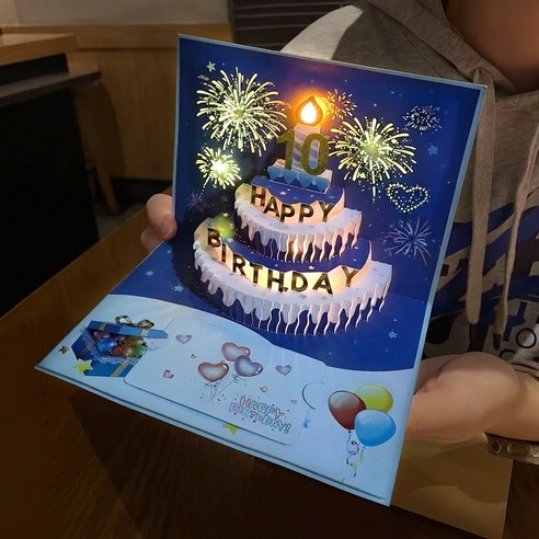 블레오 LED 생일 축하 멜로디 입체 팝업 카드, 1개, 특대형 블루