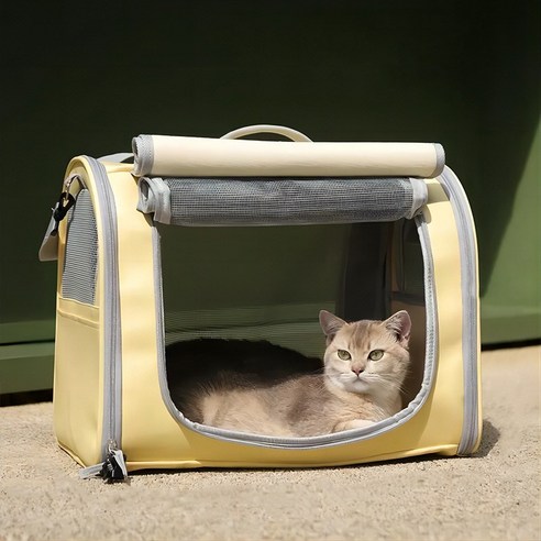 ZOZOFO 고양이 이동장 강아지 이동가방 반려동물 이동가방 삼면통풍 이동가방+이너쿠션, 1개, 담황색-[44*28*35cm]