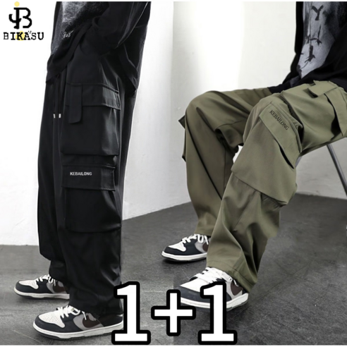 BIKASU 1+1 남성 오버핏 카고바지 빅사이즈 트레이닝 조거팬츠 캐주얼 카고 팬츠