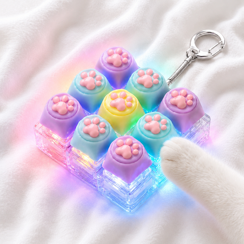 크로티 귀여운 LED 고양이 발바닥 9구 키캡 키링 선물 딸깍이 클릭커 키보드, 1개, 무지개 파스텔