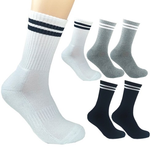 더베이직 남성용 두꺼운 이중쿠션 두줄 스포츠 장목 양말 6켤레, 화이트+그레이+블랙, 6개