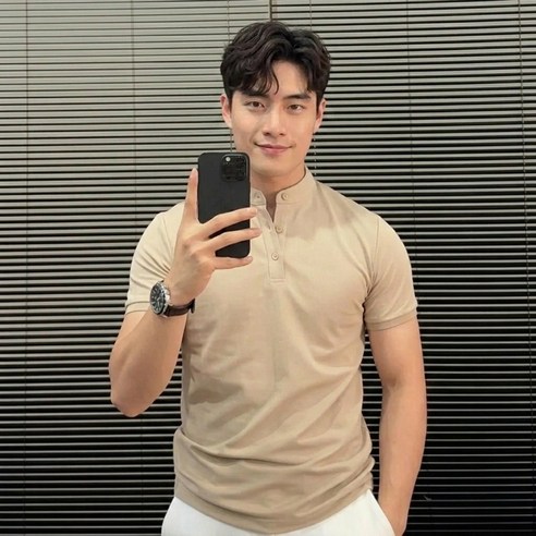 ANYOU 남성 여름 반팔 헨리넥 티셔츠 오버핏 캐주얼 니트웨어