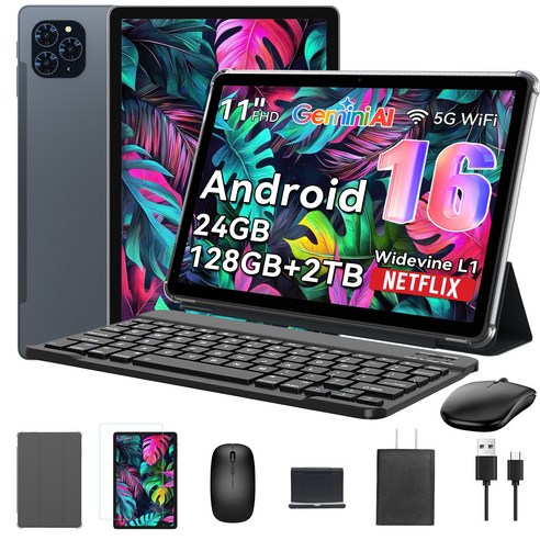 TABWEE 2026 세계최초 Android16 Gemini AI 태블릿 11인치 FHD 24GB+128GB 2TB확장 2in1 테블릿 pc 키보드세트, 회색, 128GB, Wi-Fi