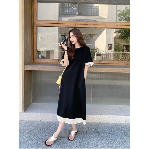 GOYES 여성 데일리 반팔 빅사이즈 원피스 여름 긴 치마 긴 원피스