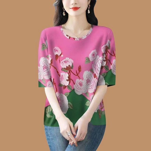 VVRR 여성 반팔 티셔츠 데일리 만능 장미 올오버 프린트 루즈핏 상의 Q0040804