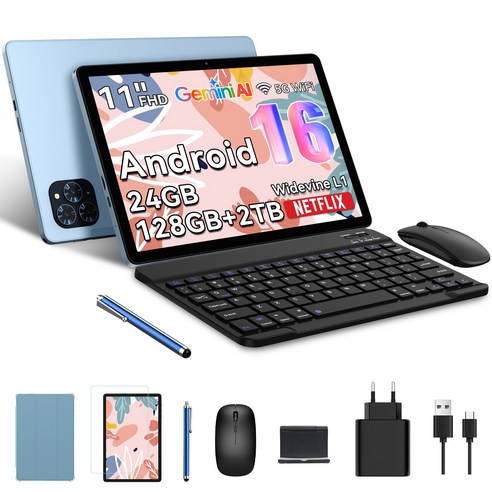 TABWEE 2026 세계최초 Android16 Gemini AI 태블릿 11인치 FHD 24GB+128GB 2TB확장 2in1 테블릿 pc 키보드세트, 푸른색, 128GB, Wi-Fi