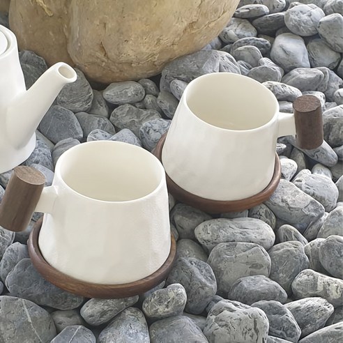 티로직 계수나무 도자기 데일리 머그컵 머그잔2P + 받침대 2P 선물세트, 화이트, 1세트