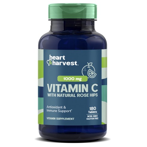 Heart & Harvest 1000mg 비타민 C 내추럴 로즈 힙 포함 타블렛, 1개, 180정
