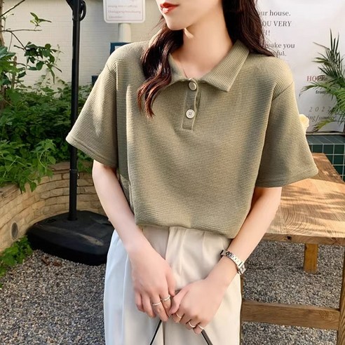 자칠 여성 와플 폴로 카라 반소매 셔츠 카라 반팔 티셔츠 정숄더 폴로 셔츠