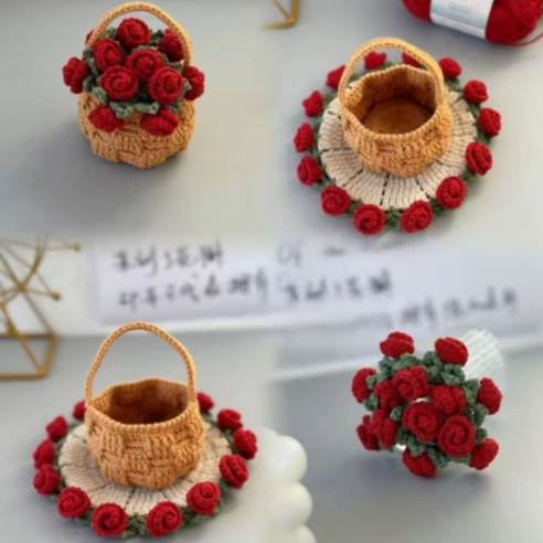 꽃다발코스터 꽃다발컵받침 만들기 DIY, 빨간장미+바구니, 1개