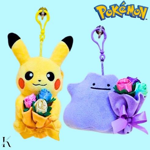 포켓몬스터 포켓몬 꽃다발 인형 키링 파티 피카츄 이브이 잠만보 메타몽 13cm 우정템 졸업 입학 선물, 피카츄+메타몽, 1개