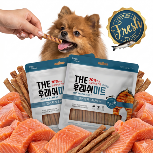 후레쉬 미트 결대로 찢어지는 말랑한 강아지 소프트 져키 간식 반려견 저염 무첨가 통원육 기호성 노령견 칭찬 보상 노즈워크 사료 토핑 저지방 고단백, 1개, 100g, 연어