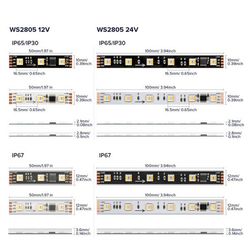 WS2805 픽셀 LED 스트립 라이트 RGBCCT 5 in 1 어드레서블 LED 라이트 듀얼 신호 RGB WW CW 3000K ...