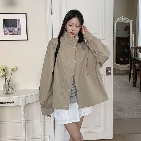 떳다그녀 블록커 배색 포인트 박시 밑단스트링 면 야상 집업 바람막이 봄 아우터 캐주얼 오버핏 점퍼