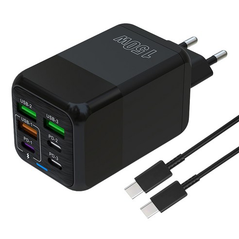 6in1 c타입 고속 충전기 150W 4USB+2PD3.0 + C TO C 1M 100w 케이블 세트, 1세트, 블랙