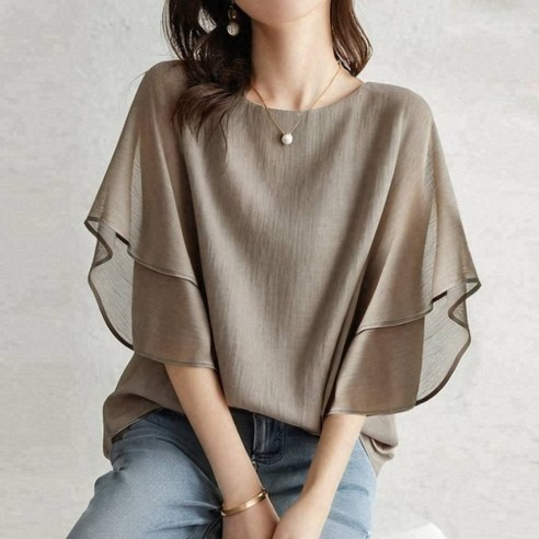 아이엠몽 여성 팔뚝 체형 커버 가오리 핏 반팔 블라우스