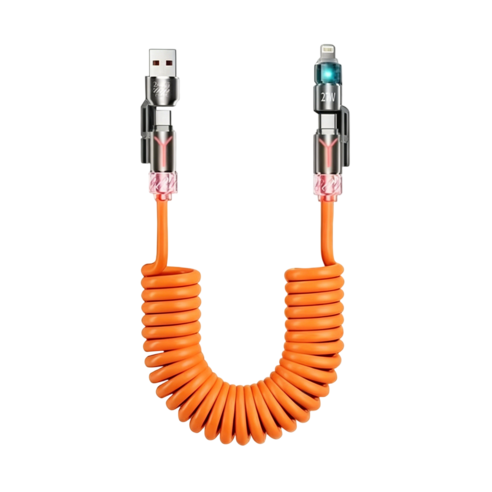 240W 4인1 멀티 인터페이스 스프링 고속 충전 케이블 발광 가능SJX, 1개, 스프링-주황색, 2m