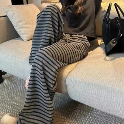 유니온 여성 캐주얼 빈티지 스트라이프 와이드 팬츠