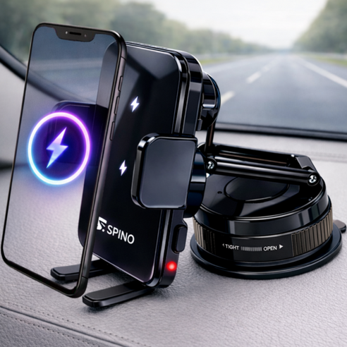 스피노 차량용 고속 무선 핸드폰 충전기 거치대 진공흡착 듀얼코일 15W, 블랙