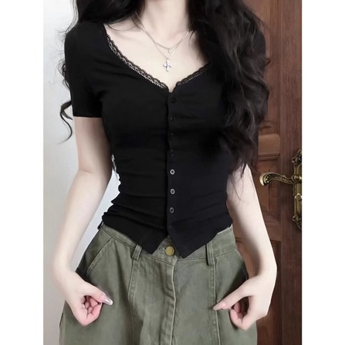 해피유통 여성 섹시 브이넥 반팔 티 여름 버튼 레이스 슬림 숏 톱 jhXG12