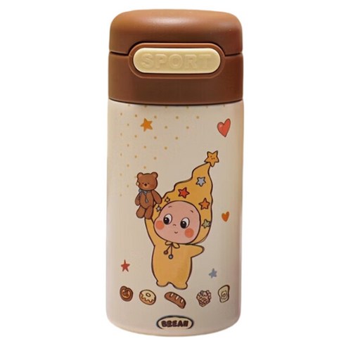 StarR 작은 스타 캐릭터 세라믹 코팅 빨대 보온병, 1개, 220ml, 다크 브라운