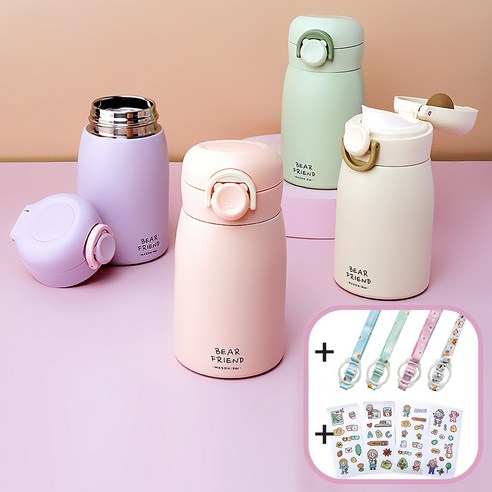 트래블앤쿡 베어프렌드 원터치 스텐 보온 보냉병 260ml 어린이보온병 미니텀블러 스트랩+스티커 증정, 퍼플, 1개