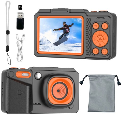 RUNDX 미니 디지털 카메라 7200W 픽셀 스마트 뷰티 모드 여행용 인생+64GB 메모리 포함, 블랙