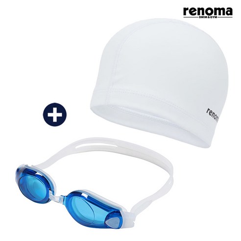 레노마수영복 공용 수경 수모 세트 (RO-RG2C501_BUWH), WH(화이트) FREE, 1개, 블루+화이트