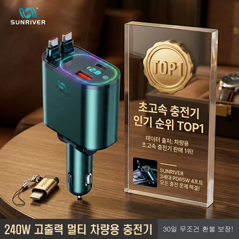 SUNRIVER 차량용 초고속 충전기 240W 3세대 4in1 C타입 2개 애플 변환 잰더 포함 PD USB 4대 동시 충전 이미지 2