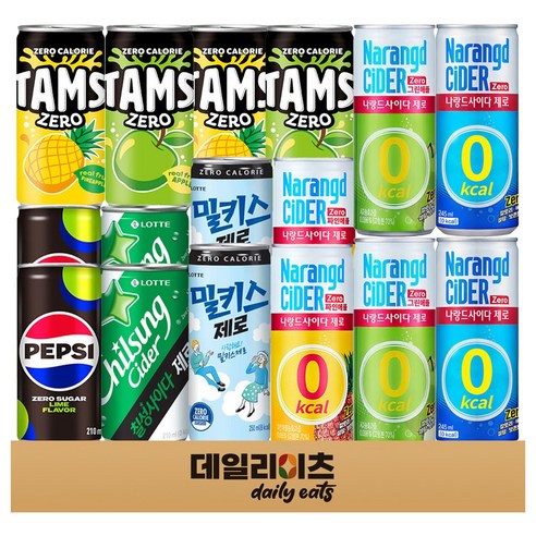 [데일리이츠] 소캔 제로 탄산 캔음료 8종 2개씩 16개 기획세트 (펩시제로 칠성사이다제로 밀키스제로 탐스제로 사과&파인애플 나랑드 사이다&그린애플&파인애플), 240ml, 1세트