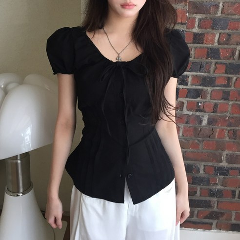 쪼예 잘록핏 리본 셔링 핀턱 뒷리본 반팔 블라우스