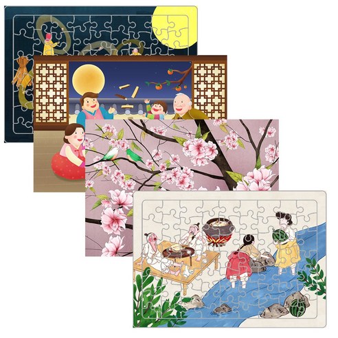 A3 민화 치매예방 동양화 부모님 어르신 효도 퍼즐 4종 세트, 1세트, 민화풍경세트, 63피스