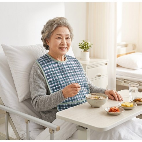 성인용 방수 턱받이 노인 식사용 체크 앞치마, 1개, 그린체크