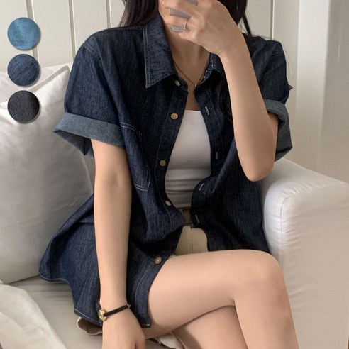 핏몬 여성 오버핏 빈티지 데님 스티치 여름 반팔 청 셔츠