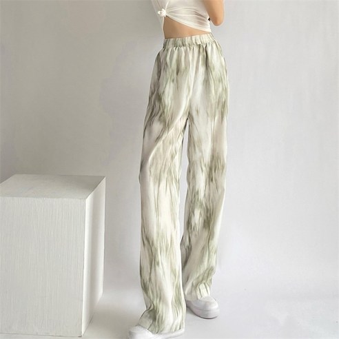 여성용 일자 날염 그러데이션 바지 쿨 스판 아이스 와이드 팬츠