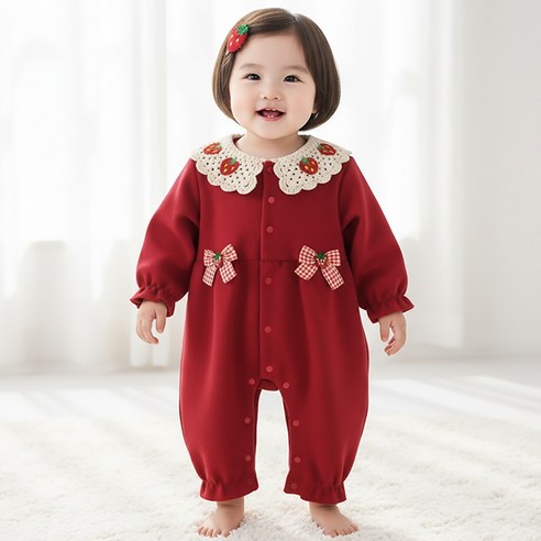 몽실이 딸기 니팅카라 여아 우주복 유아용 아동 아기 돌 백일 가을 봄 외출복 자매룩
