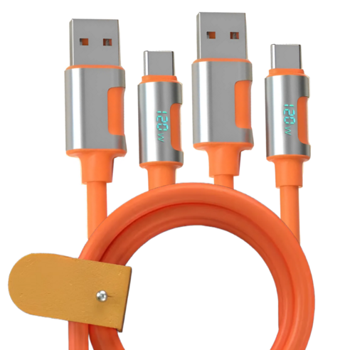 탈론나인 120W 지원 USB-A to C 고속충전 실리콘 케이블, 2개, 오렌지 실버, 1.5m