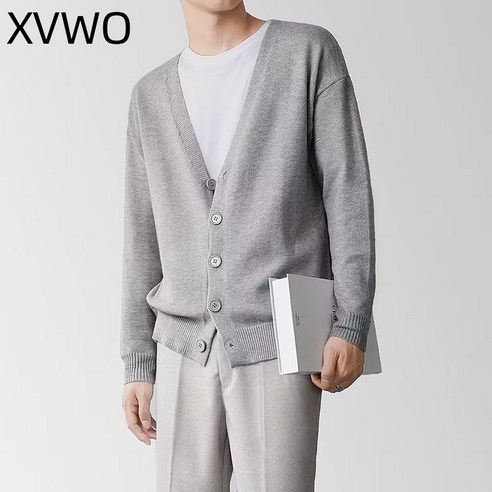 XVWO 남성 브이넥 가디건 니트 오버핏 베이직 데일리 간절기 아우터