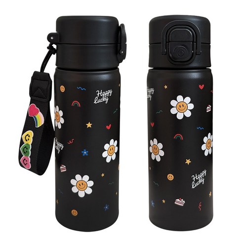 바이코코 DIY 스트랩 스마일 데이지 보온 보냉 스텐 예쁜 손잡이 빨대 텀블러, 1개, 500ml, 블랙