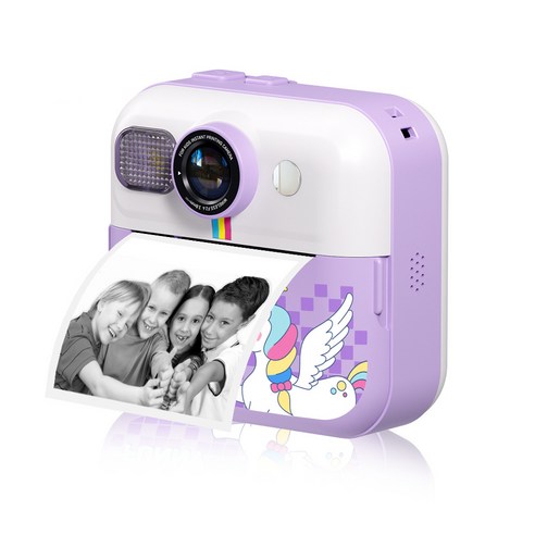 PYHO 어린이 즉석카메라 48MP 고화질 듀얼카메라 1080P 동영상 촬영 2.4인치 IPS화면 1500mAh 대용량 배터리 제로잉크 인쇄 DIY 그림놀이 어린이 선물용, 1개, 자색