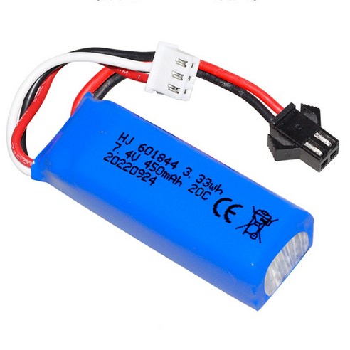 7.4V 450mAh 2S LiPo 배터리 20C SM-2P 커넥터 WLtoys 미니 RC카 드론 호환, 1개, (BT) 7.4v 450mah(XH.SM)(블루)