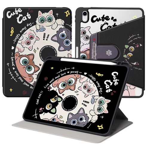 DUNNO 회전 가능 패턴 디자인 아크릴 아이패드 케이스, 1개, 5-CD Cat