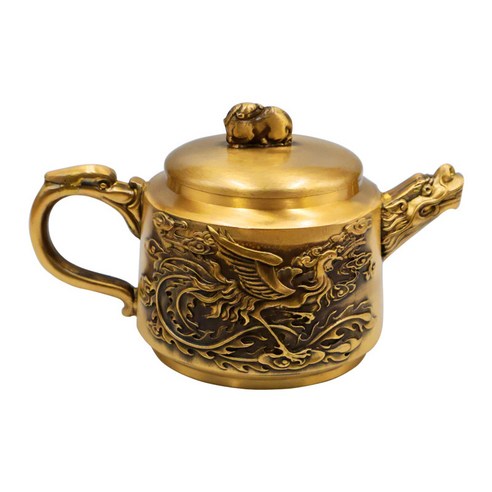 黃銅龍鳳龍頭茶壺高檔復古浮雕茶具銅壺家居擺件金屬茶具酒具禮品, 1個